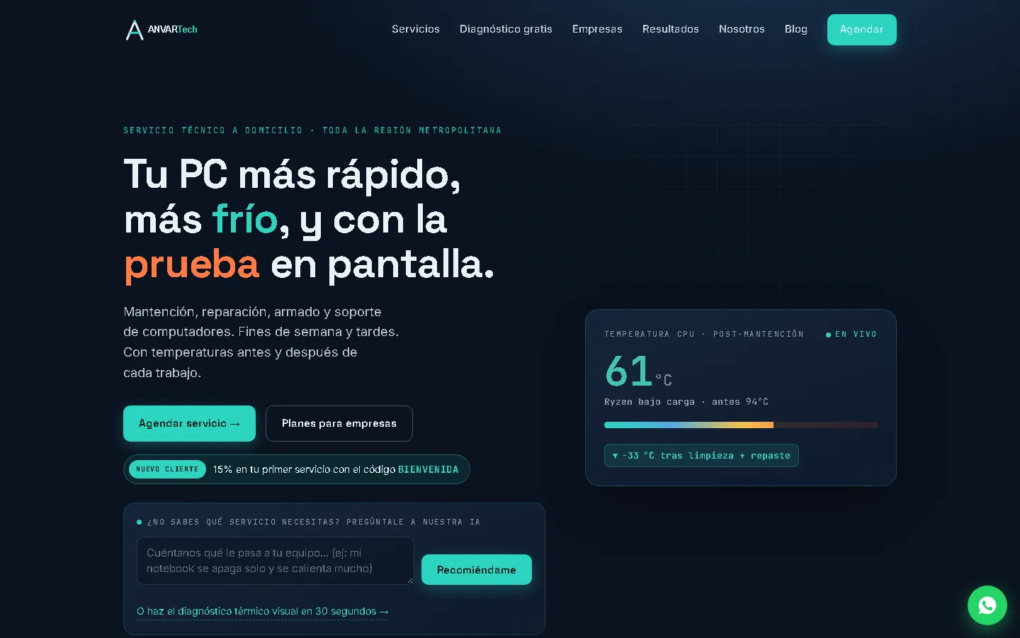 Página de inicio de anvartech.cl en computador: titular, botones para agendar y recomendador con IA.